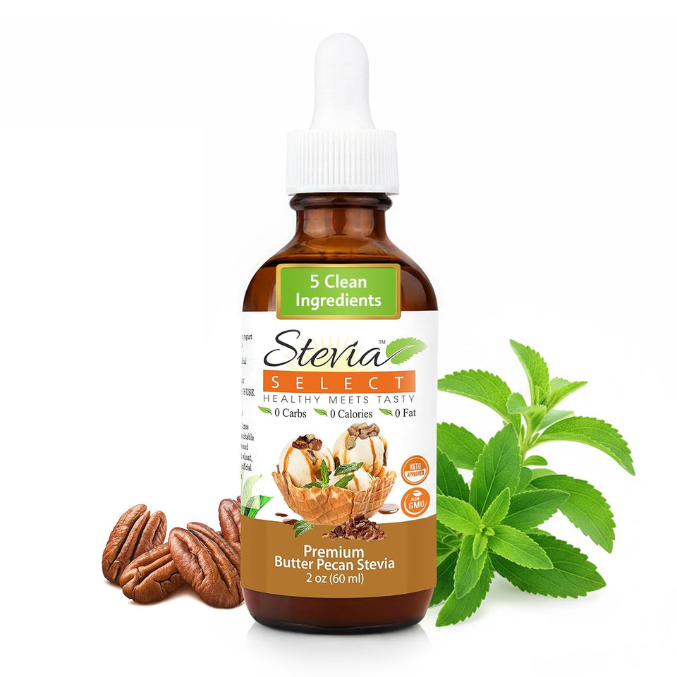 Stevia Select Butter Pecan liquid stevia bottle with precision dropper for clean, customizable sweetness.