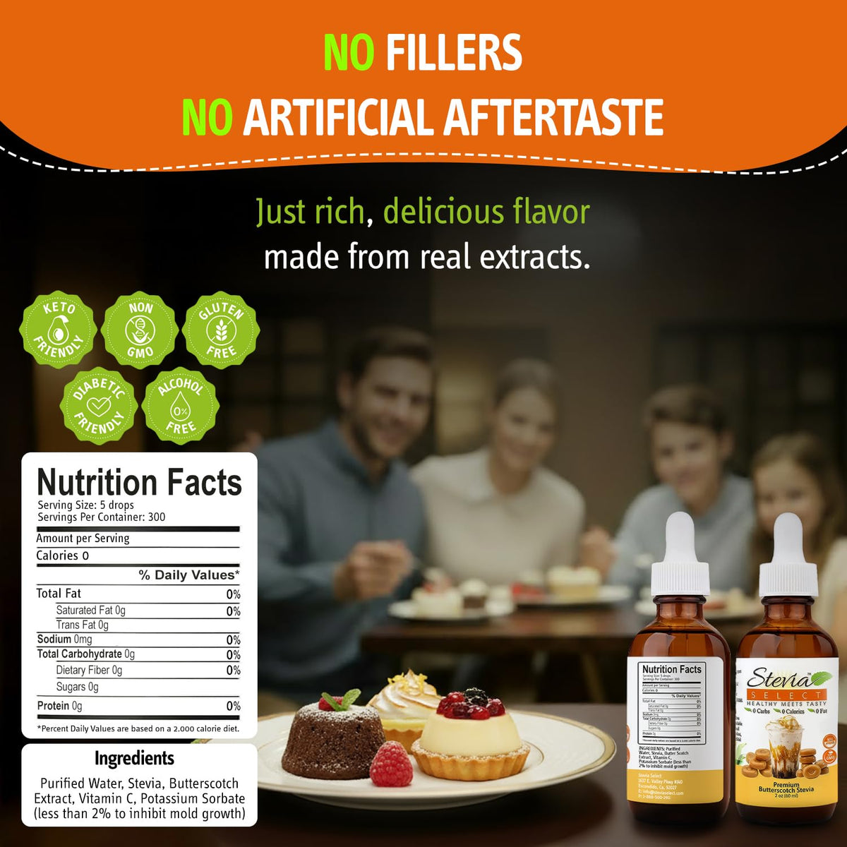 Stevia Select Butterscotch drops dispense for precise, sugar-free sweetness without aftertaste