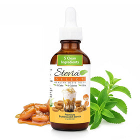 Stevia Select Butterscotch liquid bottle pour showing smooth, natural sweetness for every drink