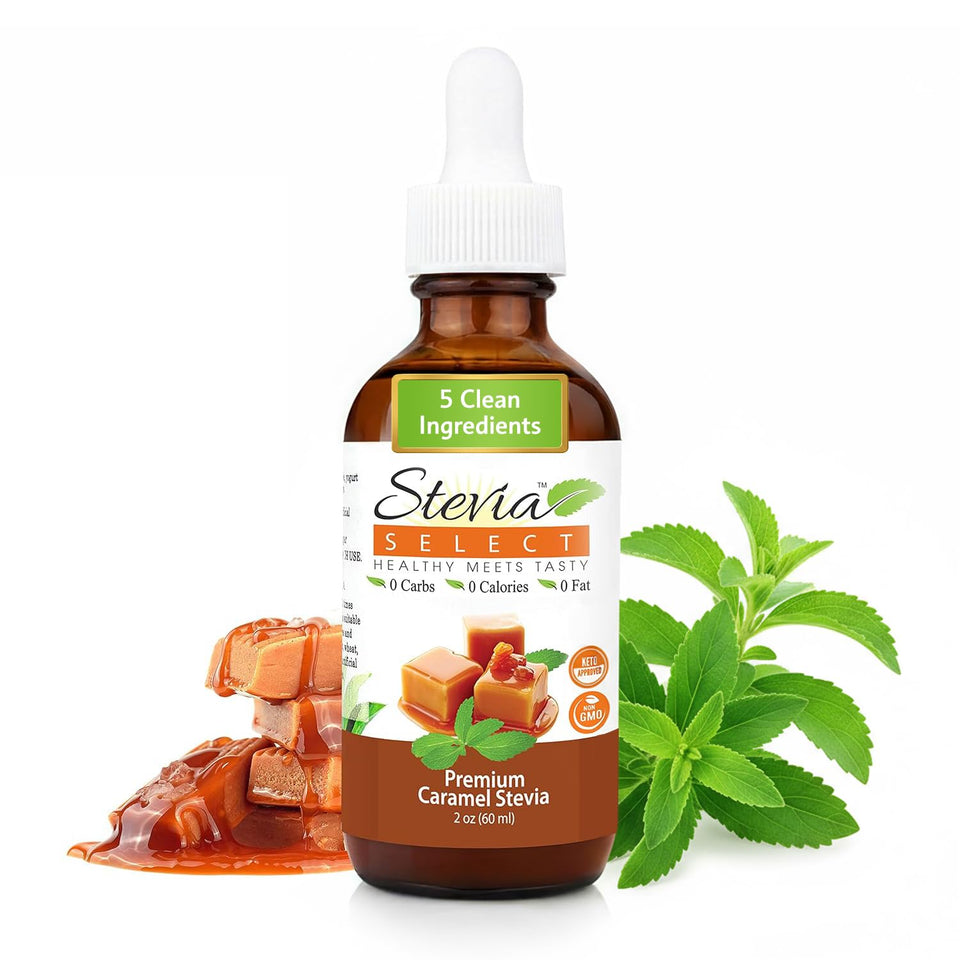 Stevia Select caramel liquid stevia bottle pour for smooth zero-calorie sweetness.