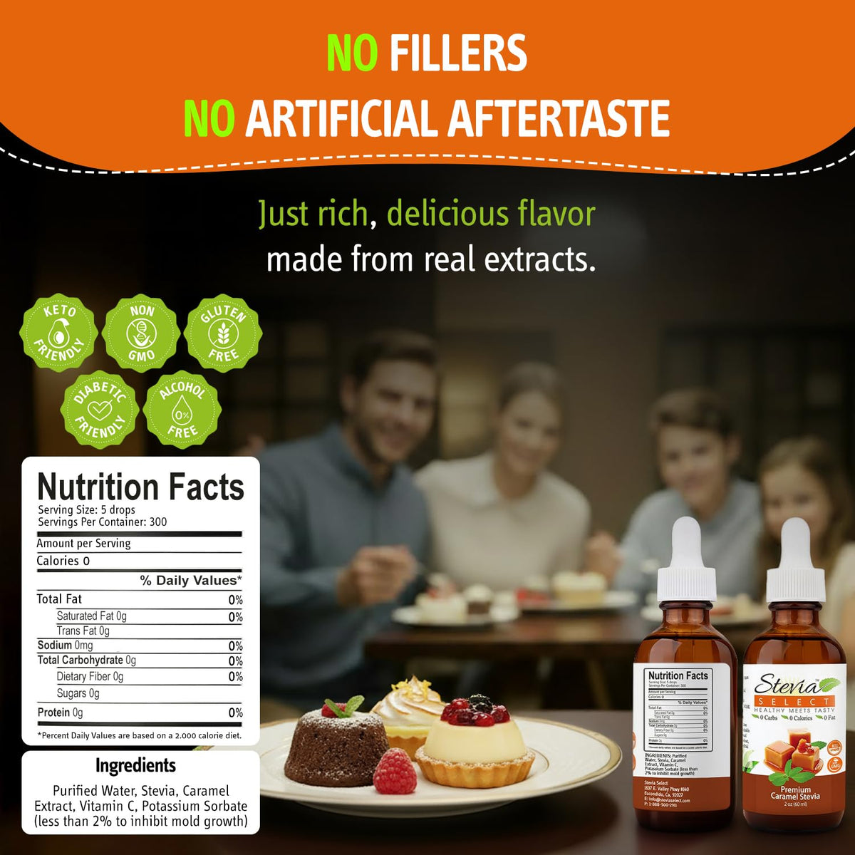 Stevia Select caramel liquid stevia precision dropper enables exact sweetness.