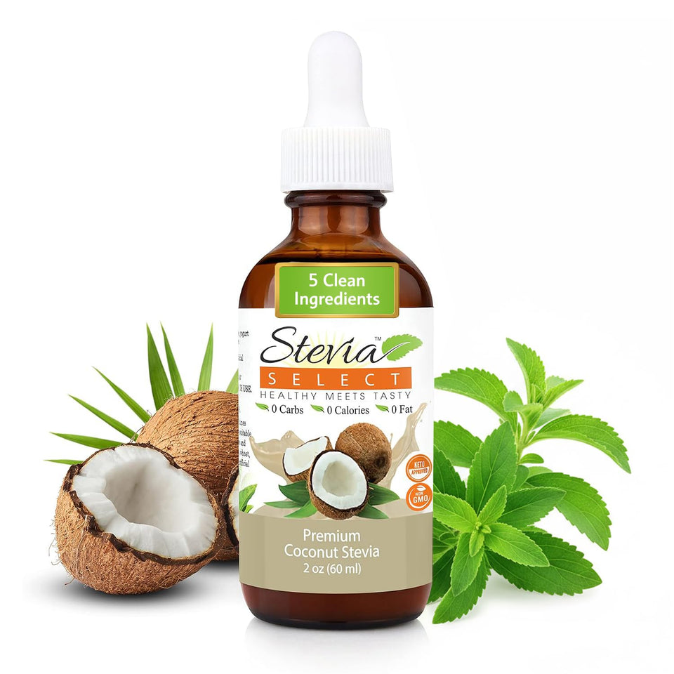 Stevia Select coconut liquid stevia bottle showing zero-calorie sweetness for beverages.