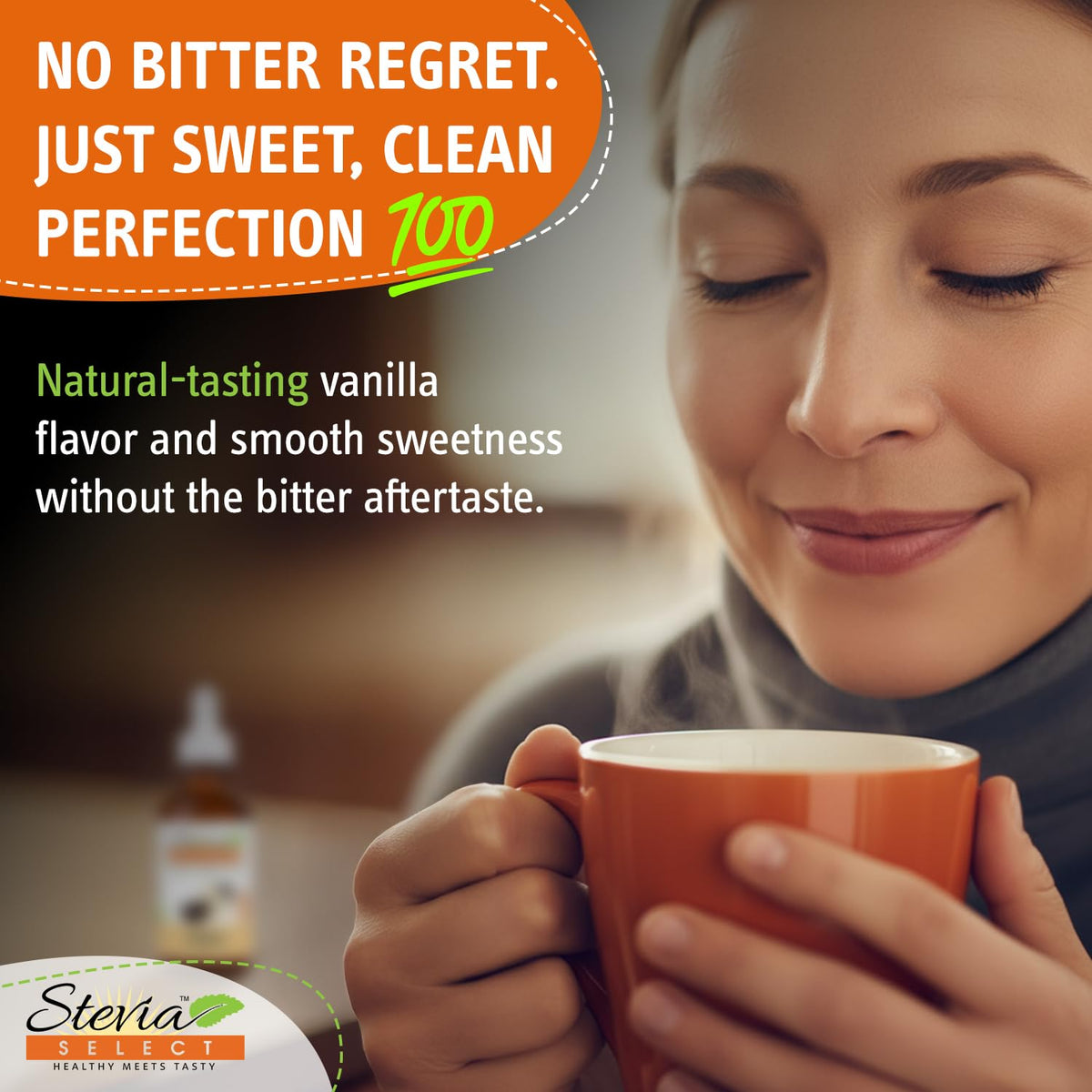 Stevia Select vanilla drops in a coffee cup for a balanced morning flavor.