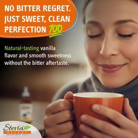 Stevia Select vanilla drops in a coffee cup for a balanced morning flavor.
