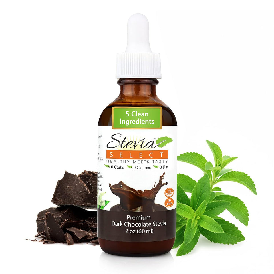 Stevia Select dark chocolate liquid stevia bottle for zero-calorie sweetness in drinks.