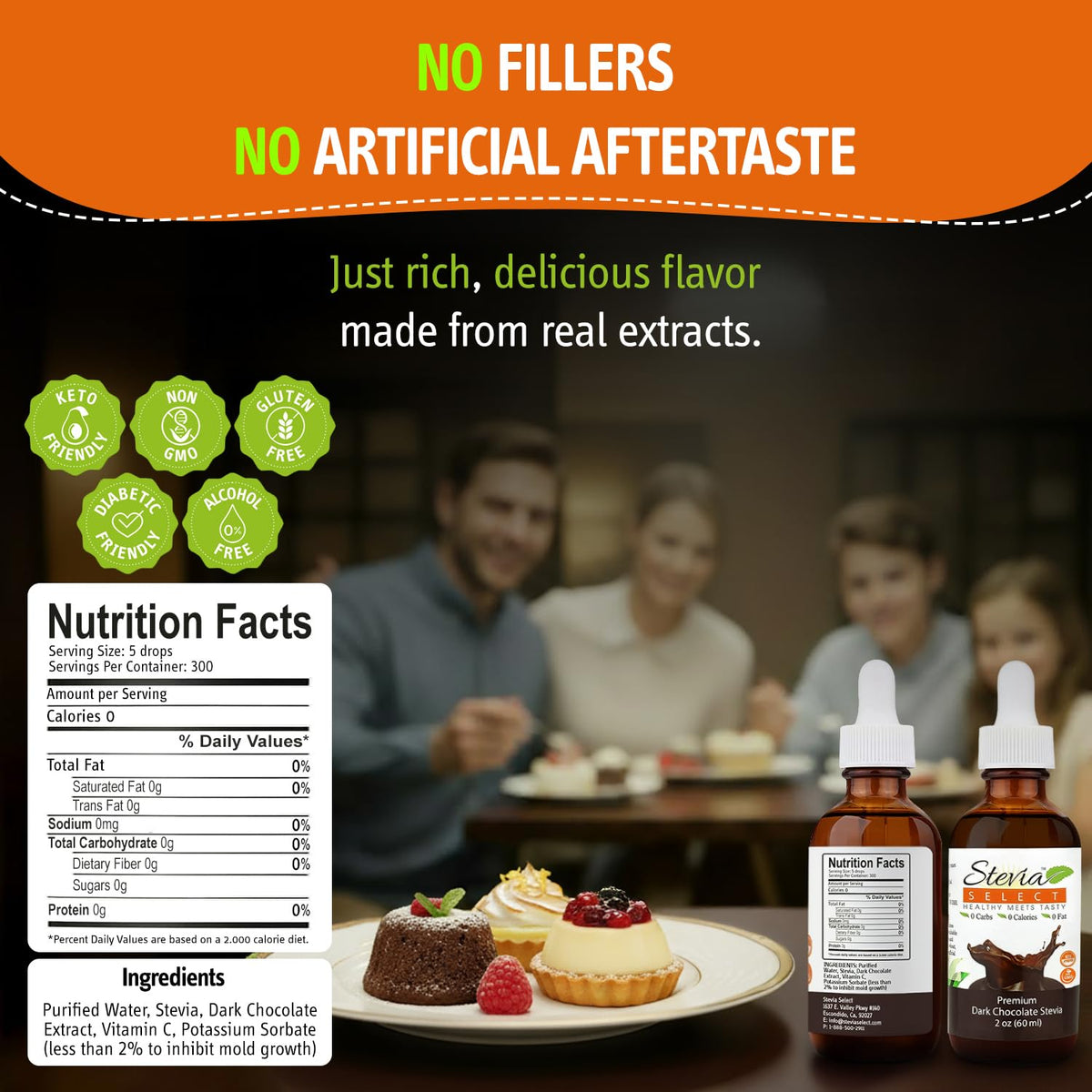 Close-up of Stevia Select liquid stevia dropper delivering precise flavor control.