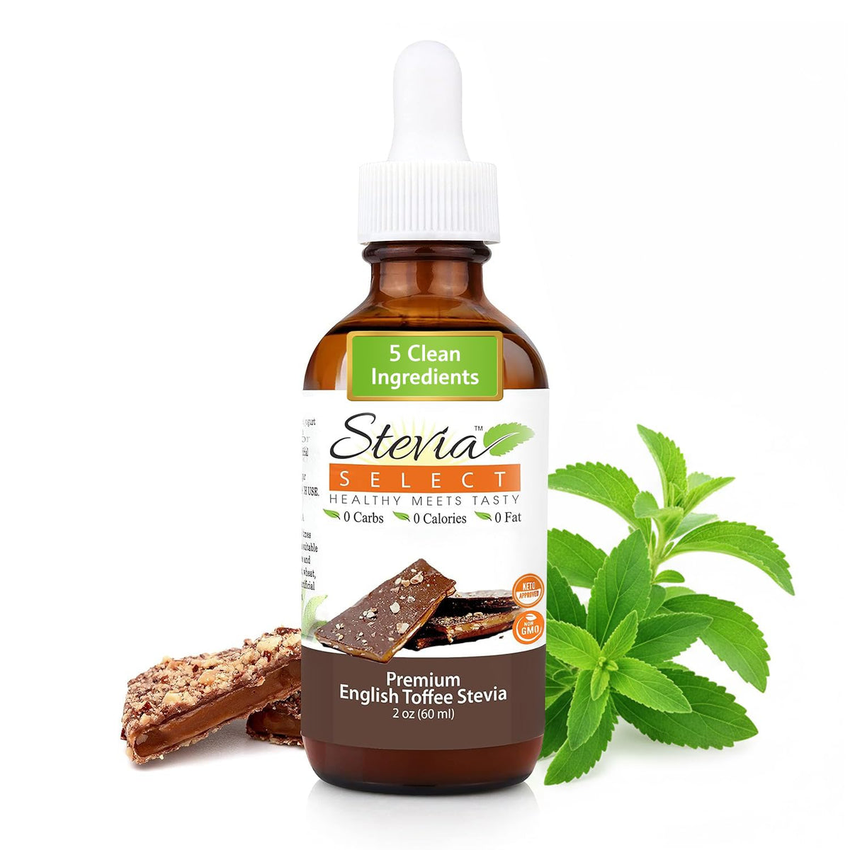 Stevia Select English Toffee Drops bottle for smooth coffee sweetness.