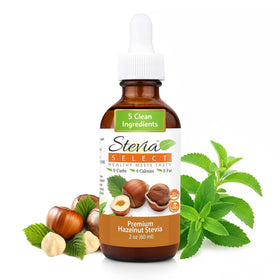 Stevia Select hazelnut liquid stevia bottle with zero-calorie flavor.