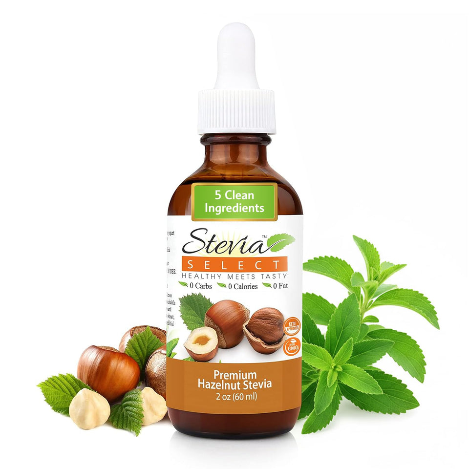 Stevia Select hazelnut liquid stevia bottle with zero-calorie flavor.