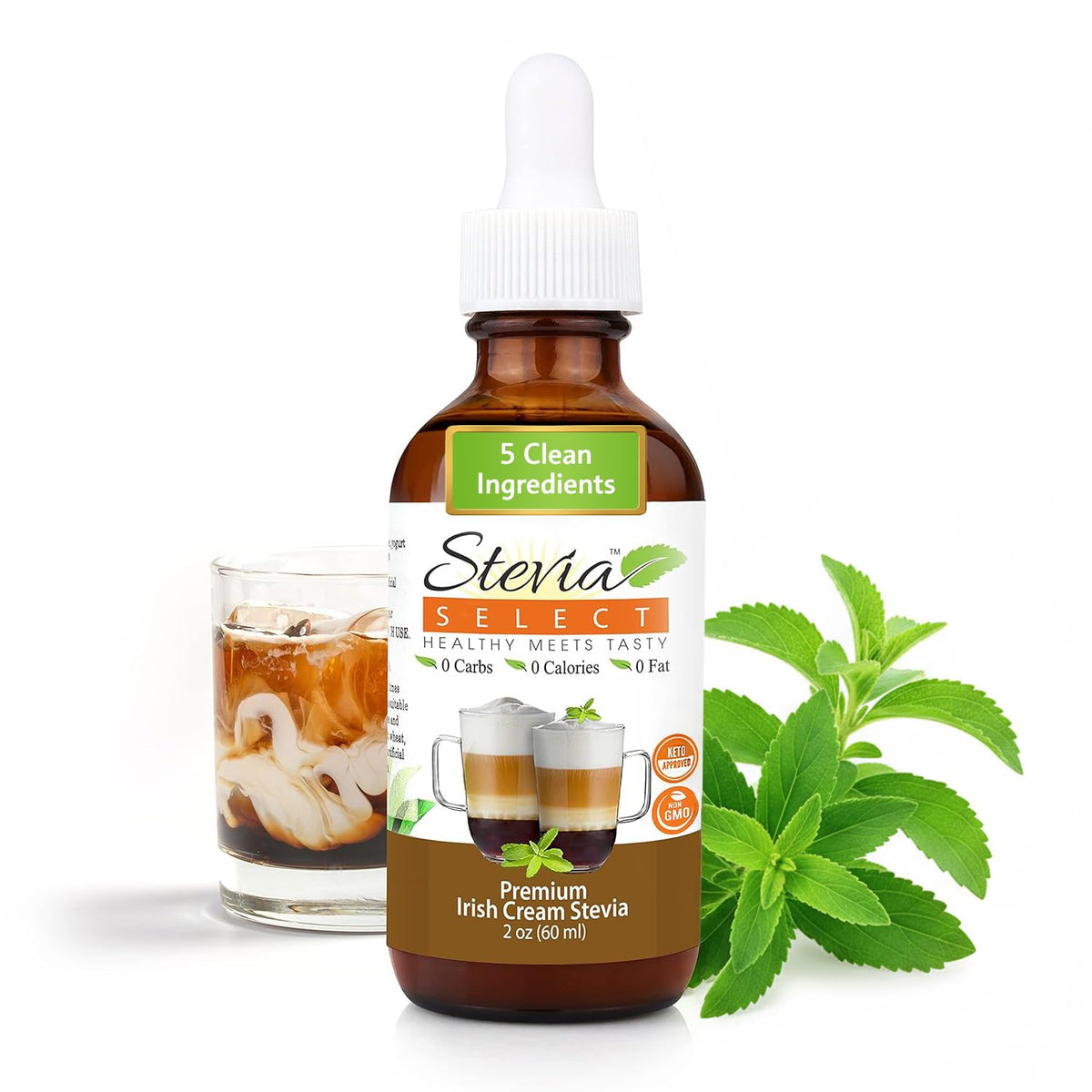 Stevia Select Irish Cream liquid drops bottle delivering zero-calorie sweetness for coffee.