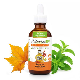 Stevia Select maple liquid stevia bottle showing zero-calorie sweetness for beverages