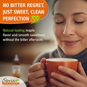 Stevia Select maple liquid stevia in coffee mug delivering smooth maple sweetness