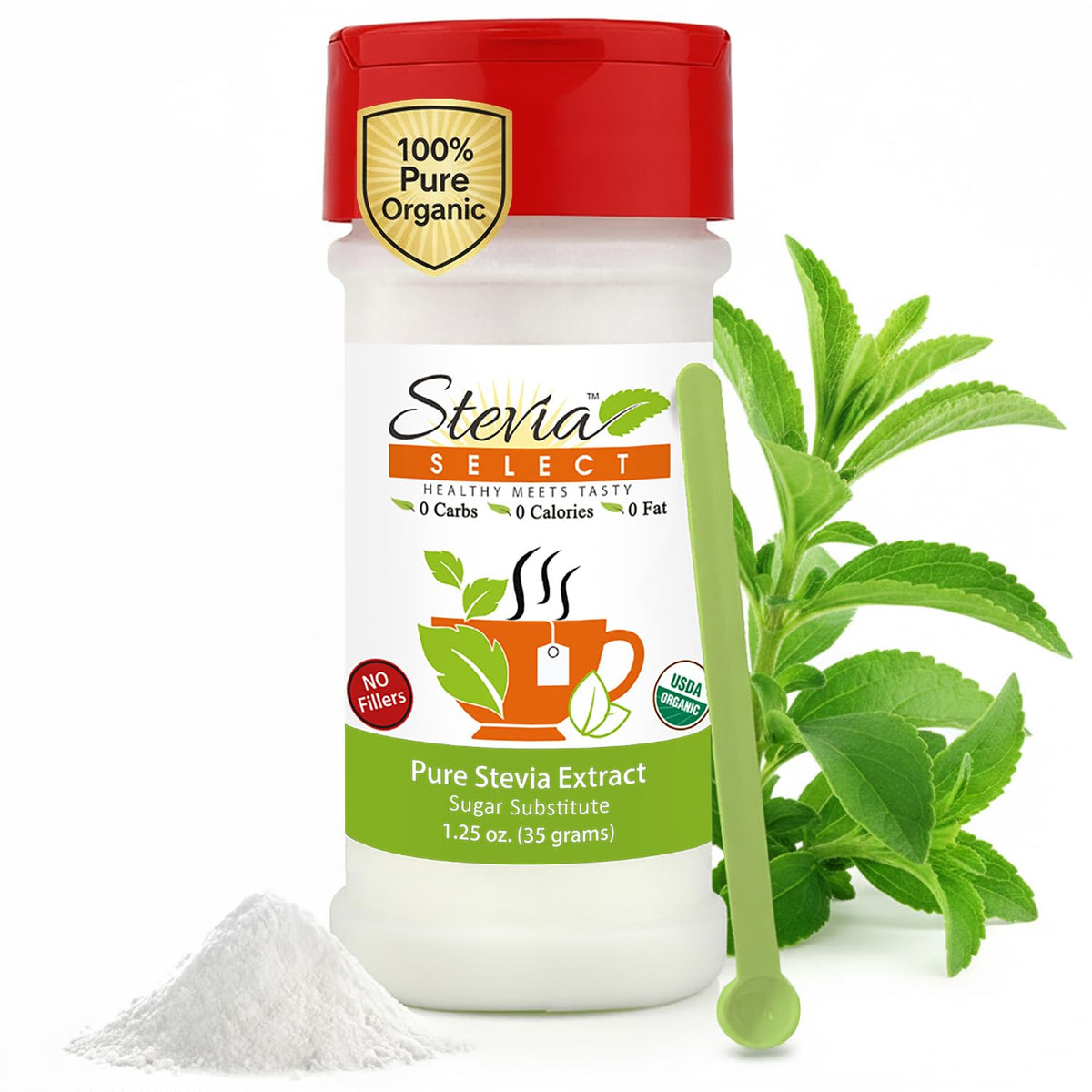 Stevia Select Organic Stevia Powder 1.25oz front label, additive-free sweetness