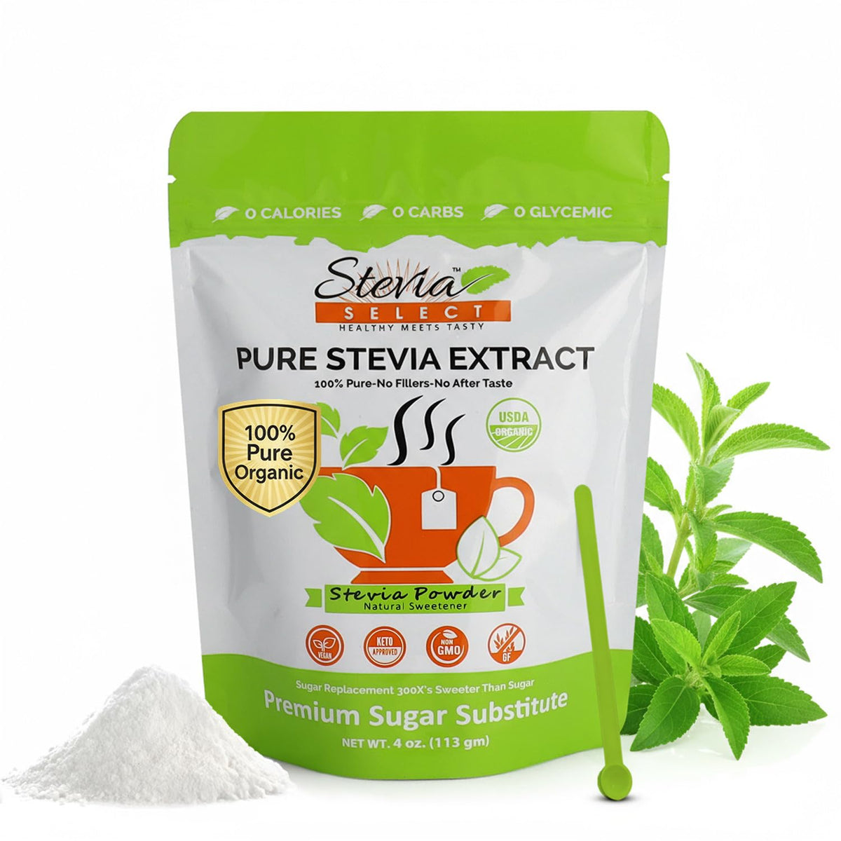 Stevia Select organic stevia powder bottle pours a clean, natural sweetness.