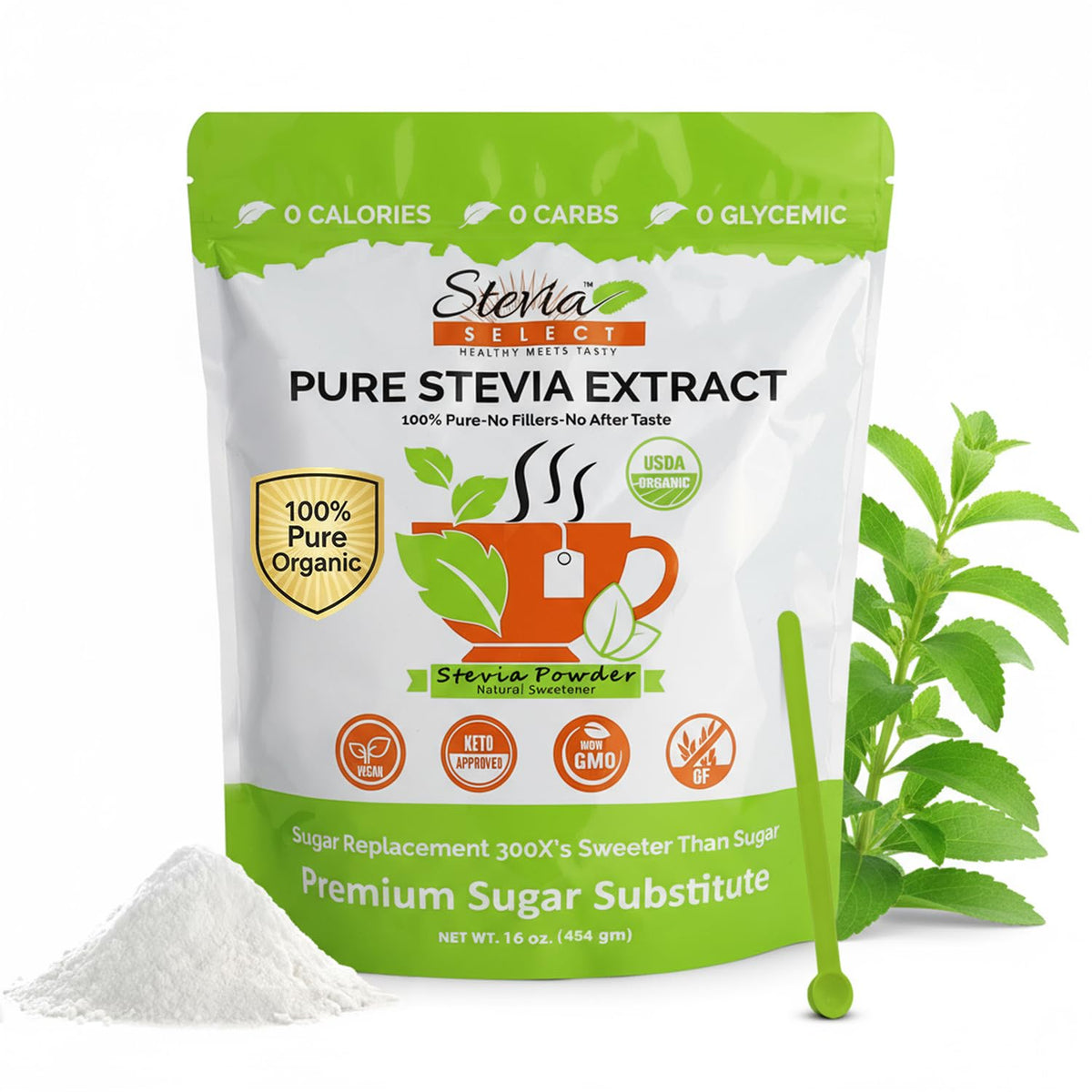 Stevia Select organic stevia powder in a jar for clean zero-calorie sweetness.