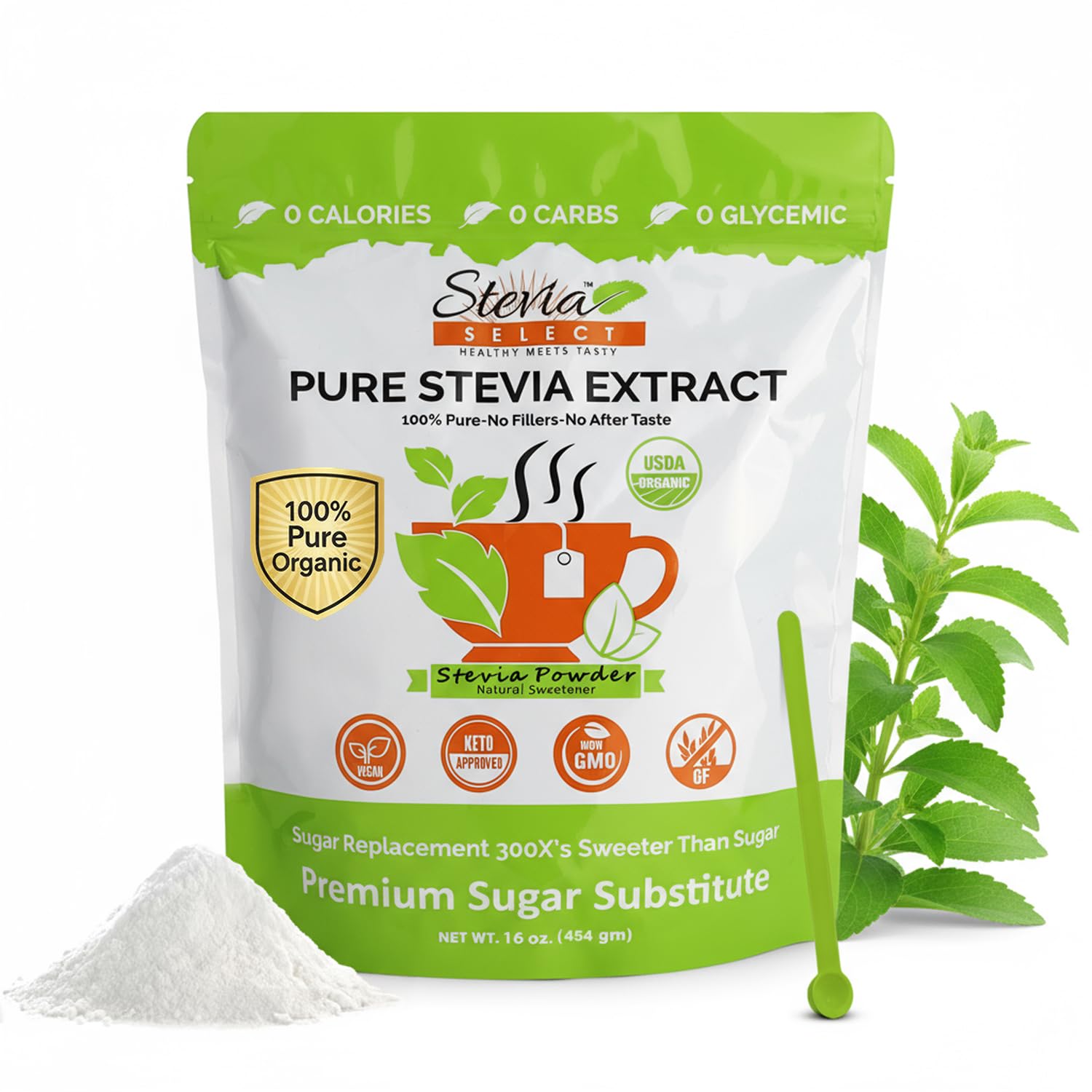 Stevia Select organic stevia powder in a jar for clean zero-calorie sweetness.