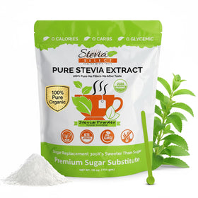 Stevia Select organic stevia powder in a jar for clean zero-calorie sweetness.