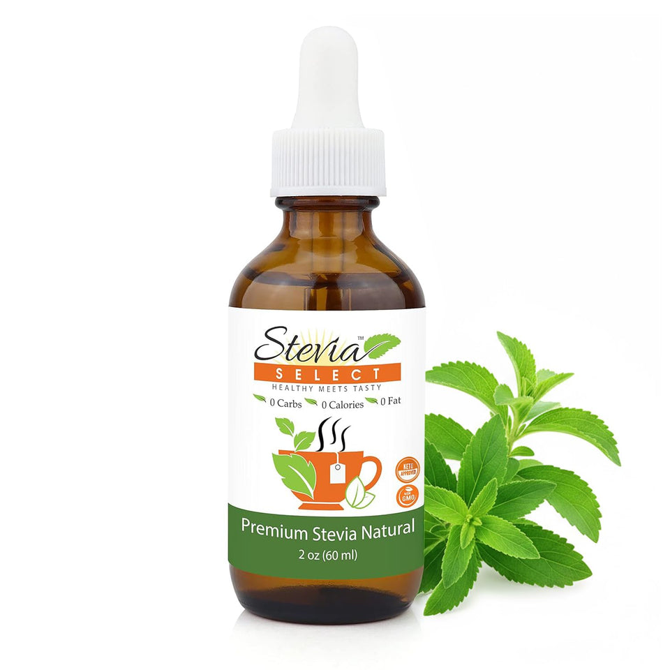 Stevia Select plain stevia liquid drops bottle on label, zero-calorie sweetness for beverages.