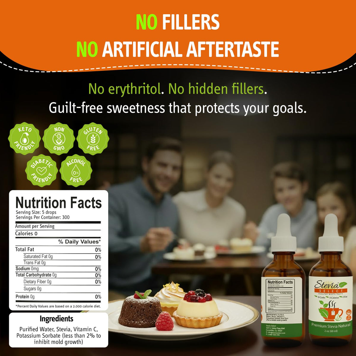 Stevia Select liquid drops dispenser enables precise sweetness control in drinks.