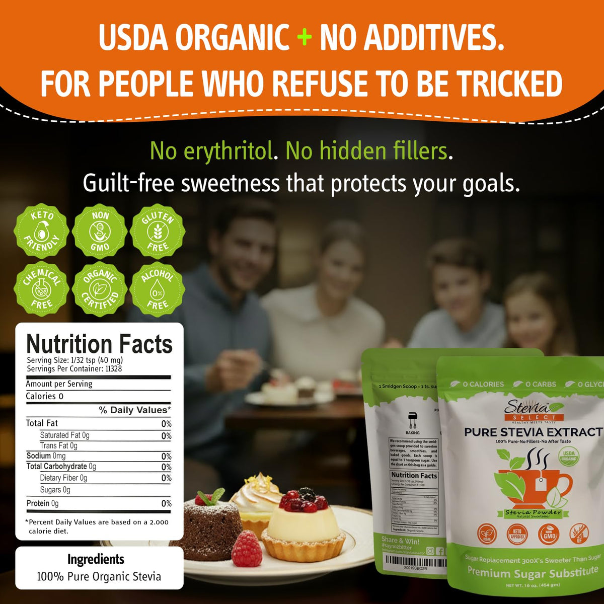 Stevia Select precision scoop placed beside the powder for small, sweet portions.