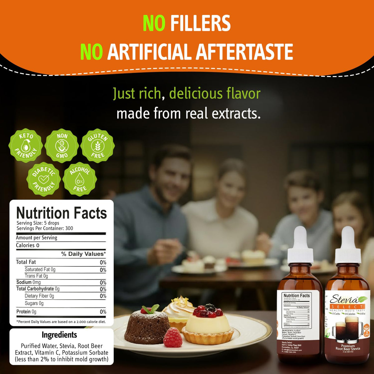 Close-up of Stevia Select precision dropper delivering root beer flavor.