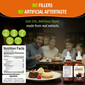 Close-up of Stevia Select precision dropper delivering root beer flavor.