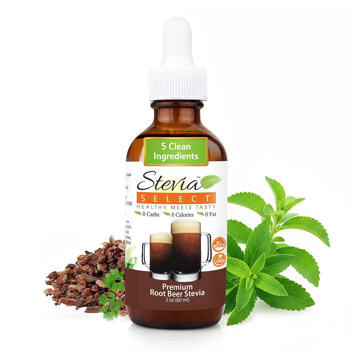 Stevia Select root beer liquid drops poured into a glass for natural sweetness.