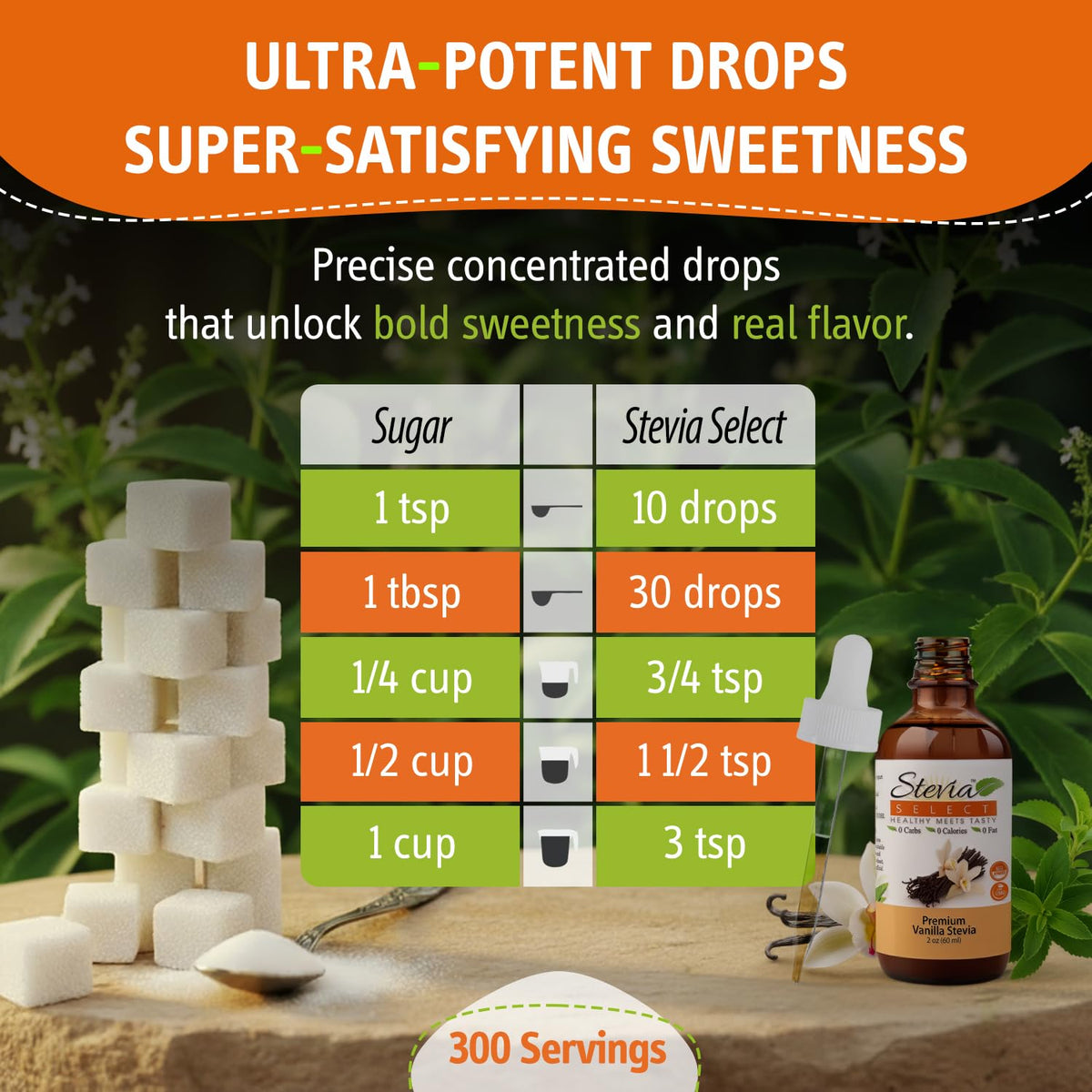 Stevia Select tea setup shows zero-calorie vanilla sweetness in hot tea.