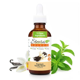 Stevia Select vanilla liquid bottle adds smooth, zero-calorie sweetness to coffee and tea.