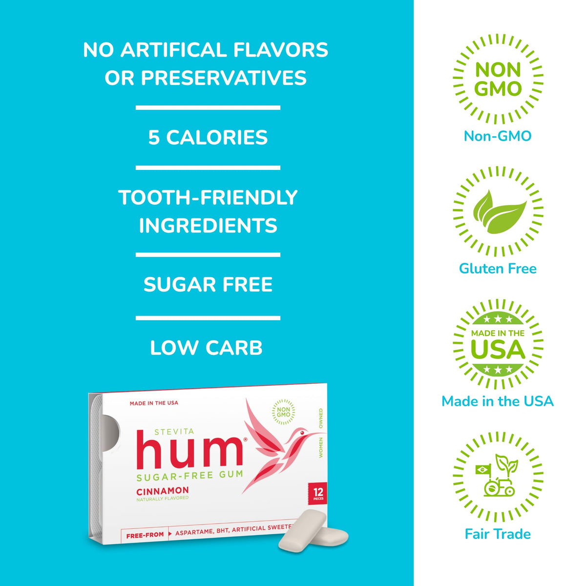 Stevita Hum Cinnamon gum ingredients blend with stevia and sweeteners