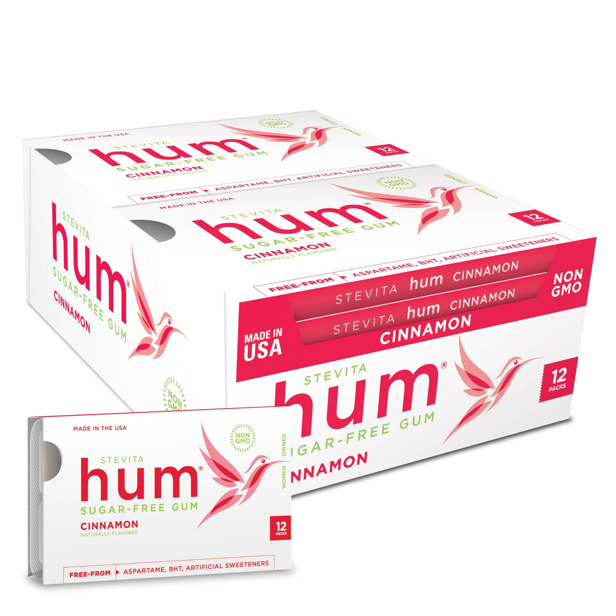 Stevita Hum Cinnamon gum pack front view for on-the-go freshness