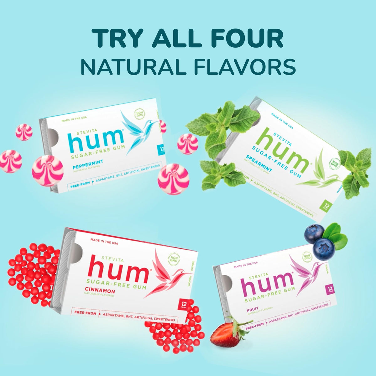 Stevita Hum Fruit gum product shot communicates trust in a USA family brand.
