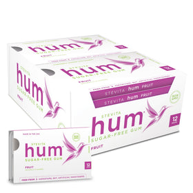 Stevita Hum Fruit gum packaging shows twelve pieces for convenient daily refreshment.