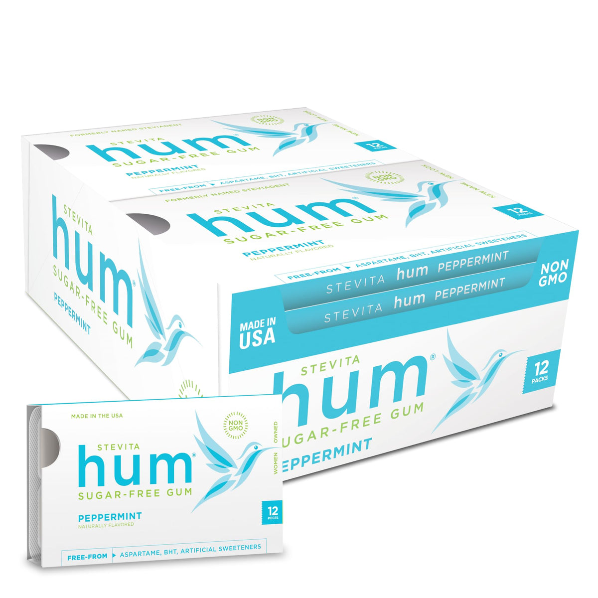 Stevita Hum Peppermint gum front package for on-the-go breath refreshing.