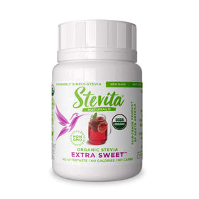 Stevita Organic Stevia Extra Sweet jar emphasizes freshness with airtight packaging.