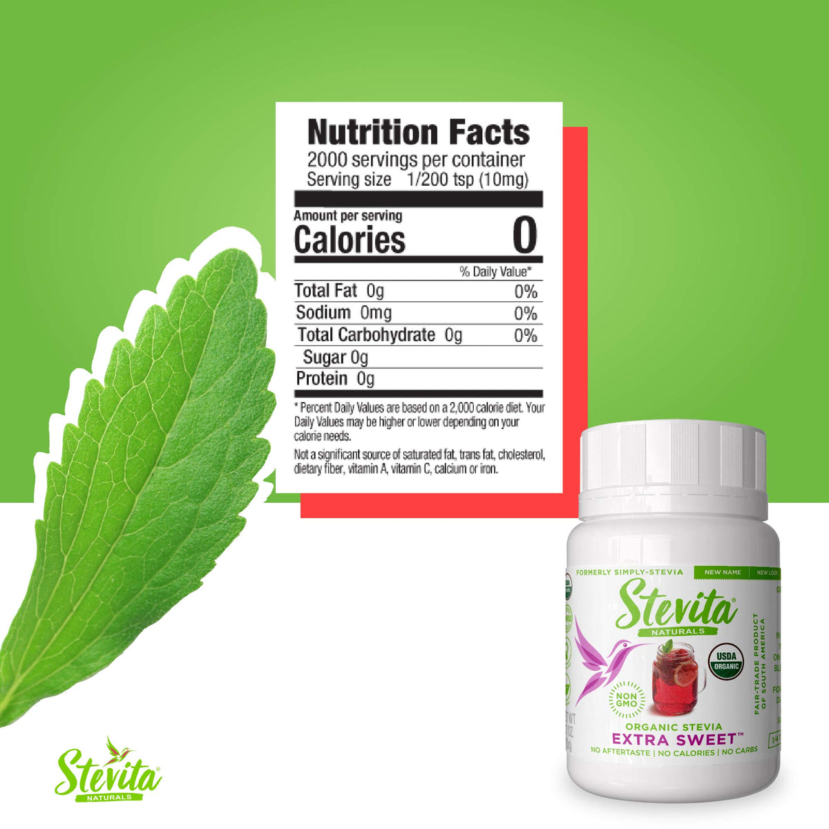 Stevita Organic Stevia measuring spoon shows precise, calorie-free sweetness.