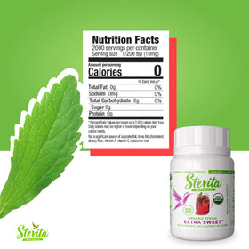 Stevita Organic Stevia measuring spoon shows precise, calorie-free sweetness.