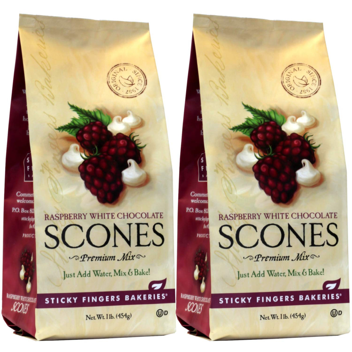 Sticky Fingers packaging for Raspberry White Chocolate scone mix, ready to bake at home