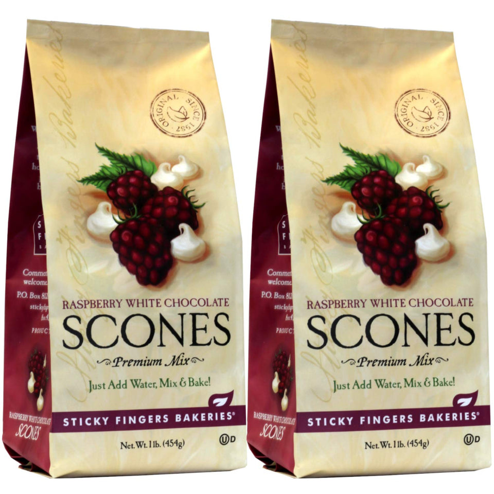 Sticky Fingers packaging for Raspberry White Chocolate scone mix, ready to bake at home