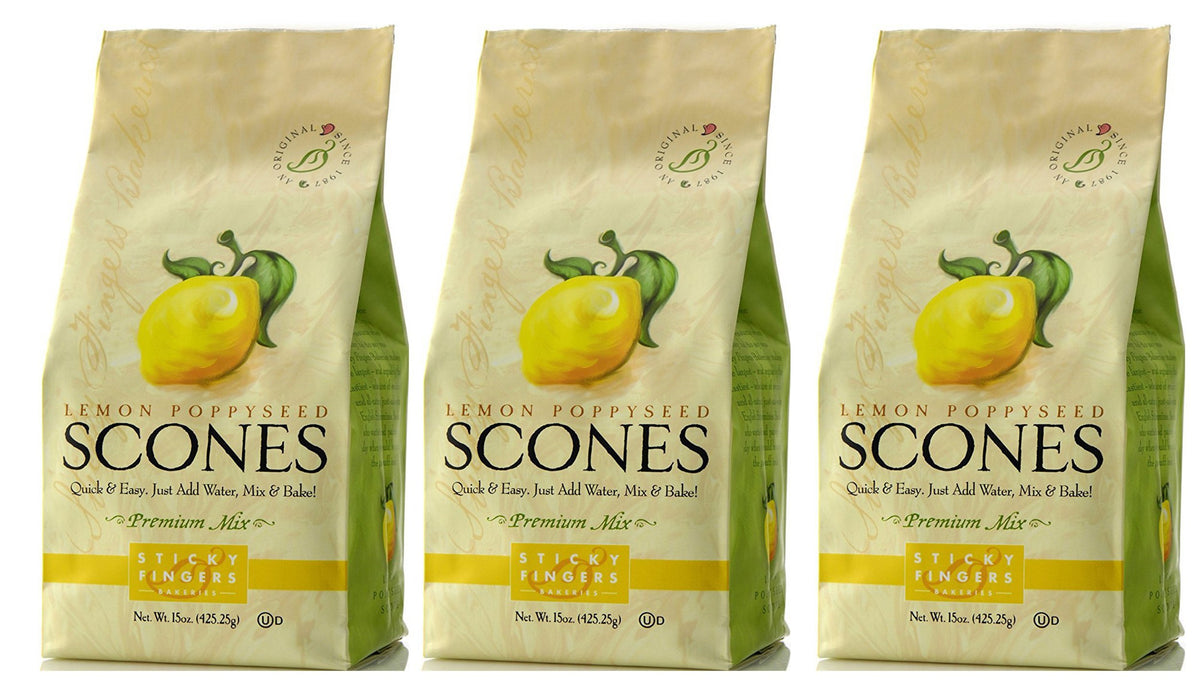 Sticky Fingers Lemon Poppyseed Scones offer zesty flavor with tender crumb in a 15oz pack of 3.