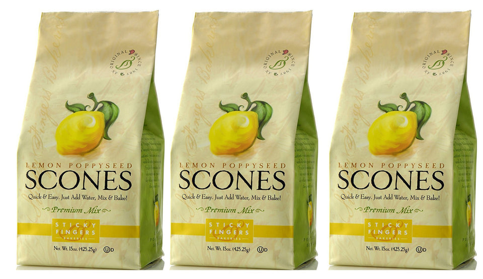 Sticky Fingers Lemon Poppyseed Scones offer zesty flavor with tender crumb in a 15oz pack of 3.
