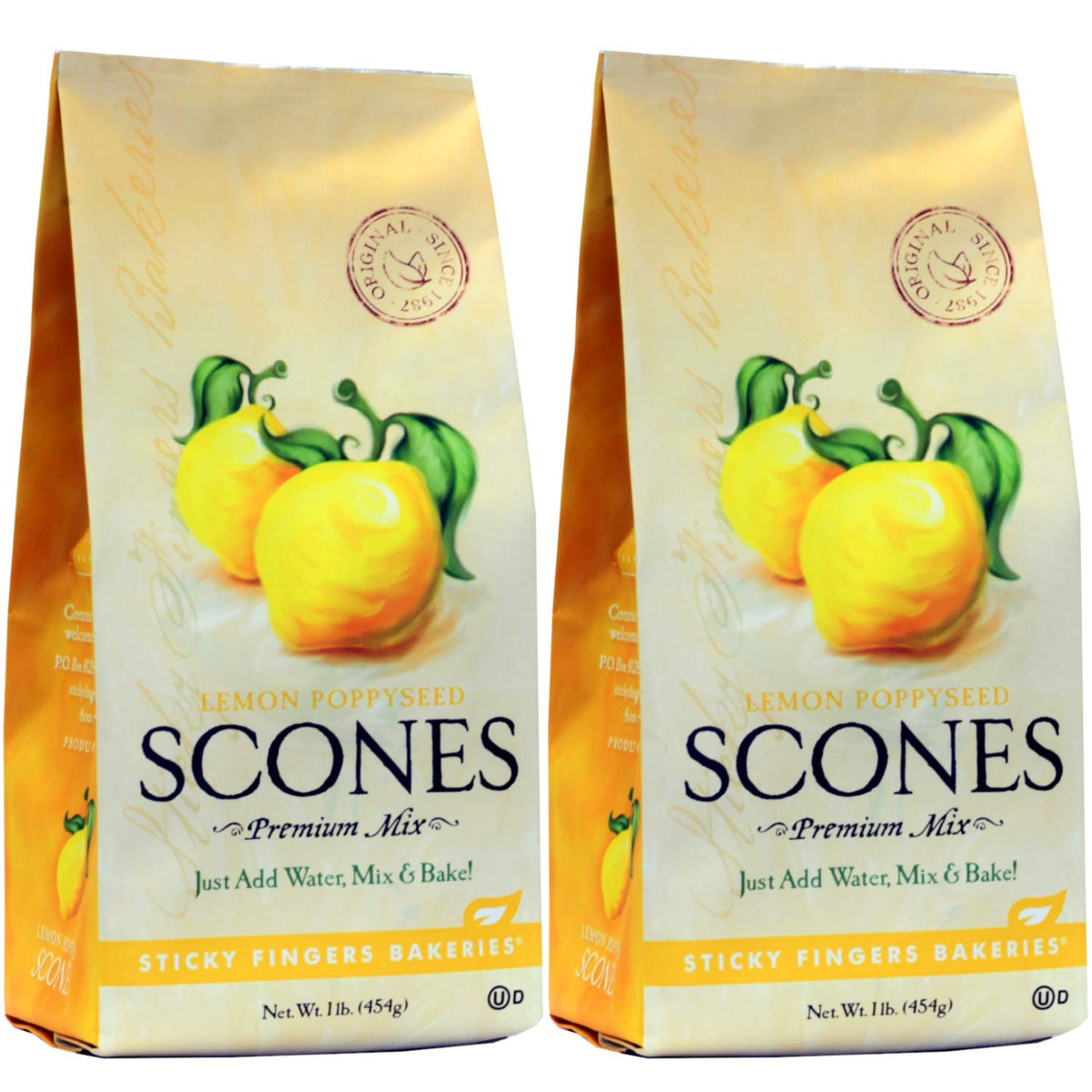 Sticky Fingers Lemon Poppyseed Scone Mix box on counter for quick breakfast prep.