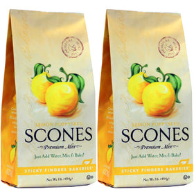 Sticky Fingers Lemon Poppyseed Scone Mix box on counter for quick breakfast prep.