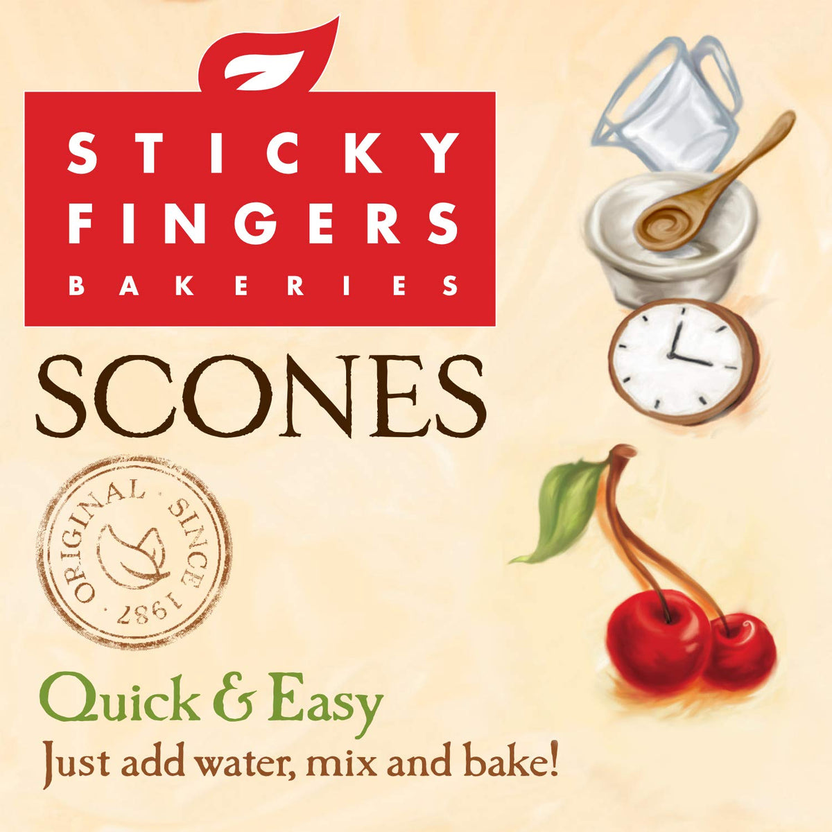 Scones plated with butter and jam using Sticky Fingers mix.