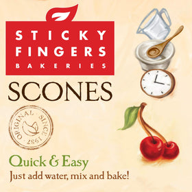 Scones plated with butter and jam using Sticky Fingers mix.
