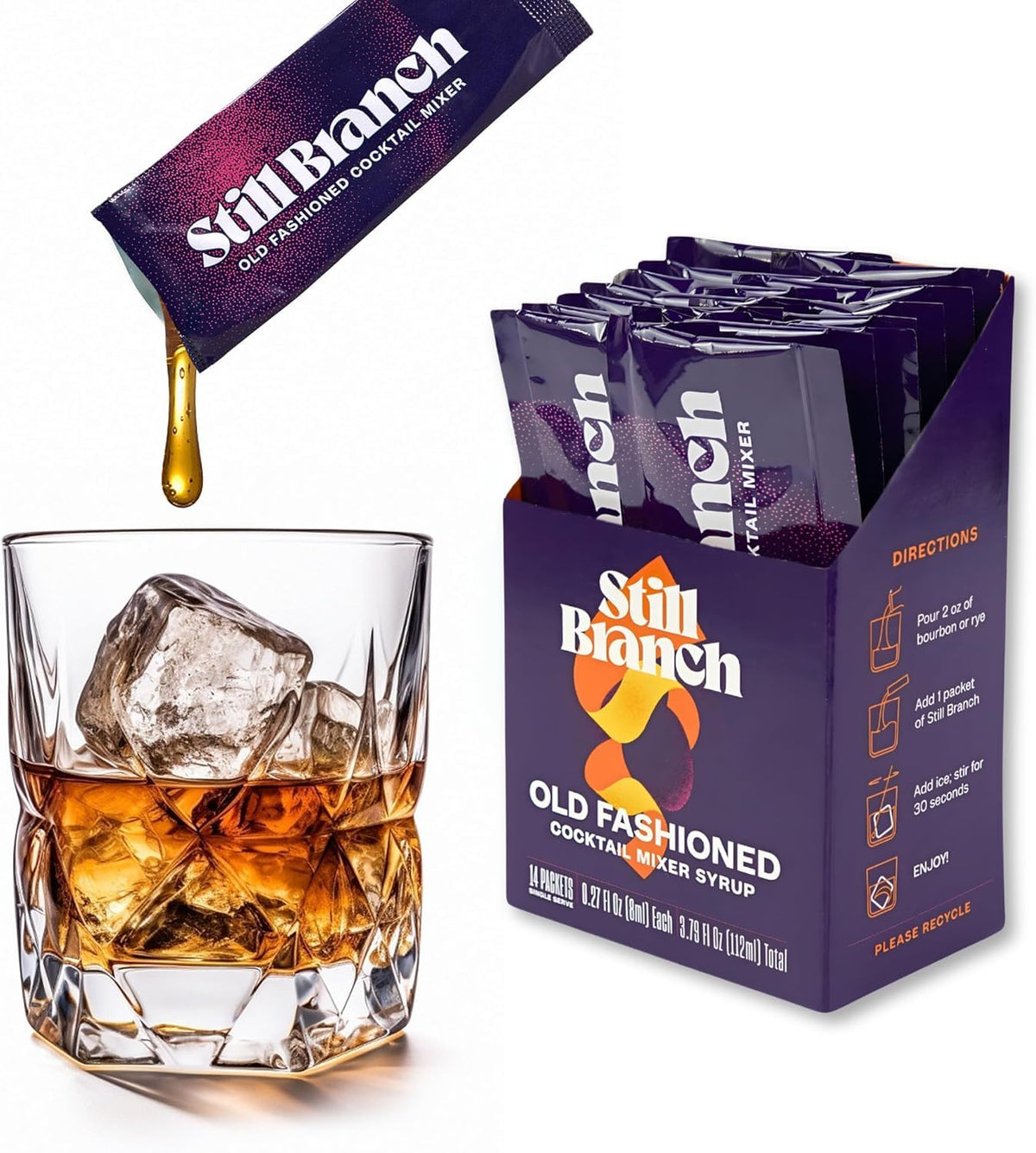 Still Branch single-serve Old Fashioned sachets for quick, bar-quality cocktails.
