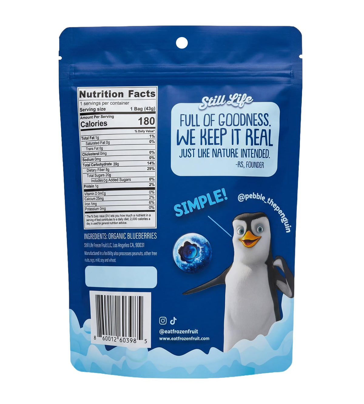 Still Life organic blueberries packaging highlighting no sugar added and single-ingredient fruit.