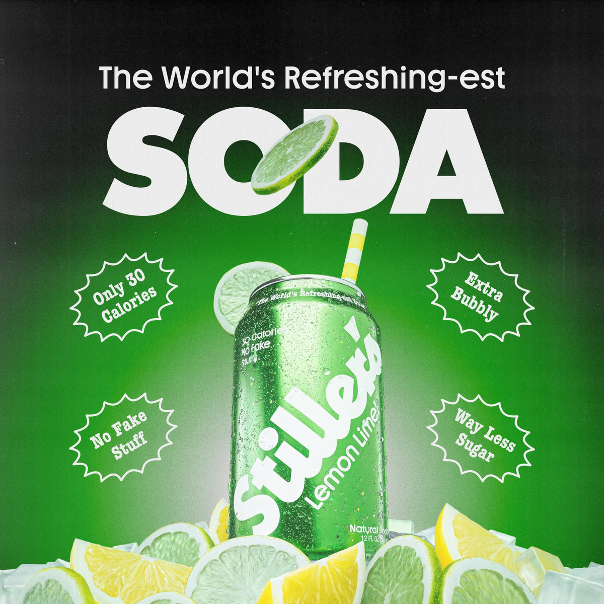 STILLER'S Lemon Lime soda being poured into a glass with sparkling citrus