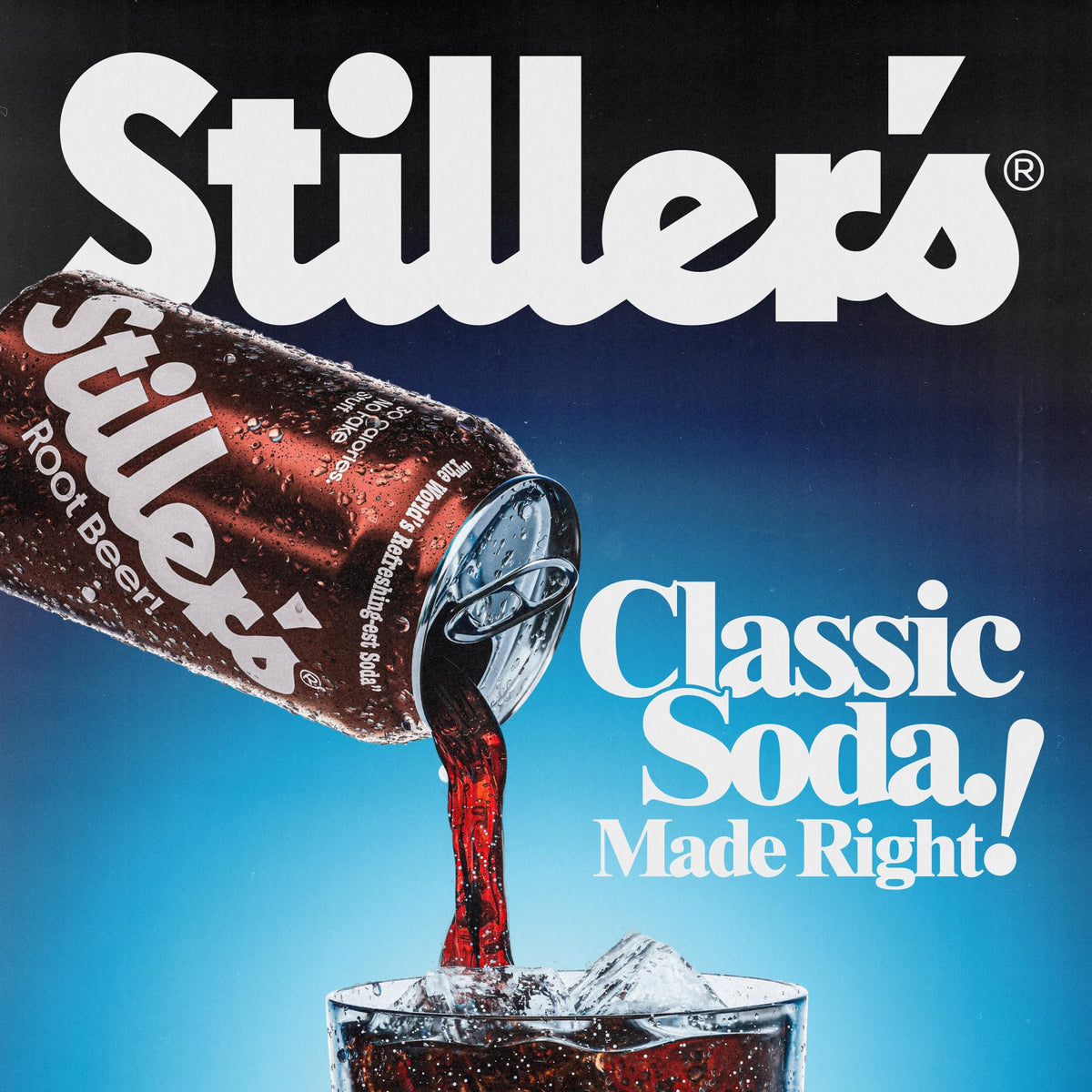 Pouring STILLER'S Root Beer into a glass, caffeine-free flavor.