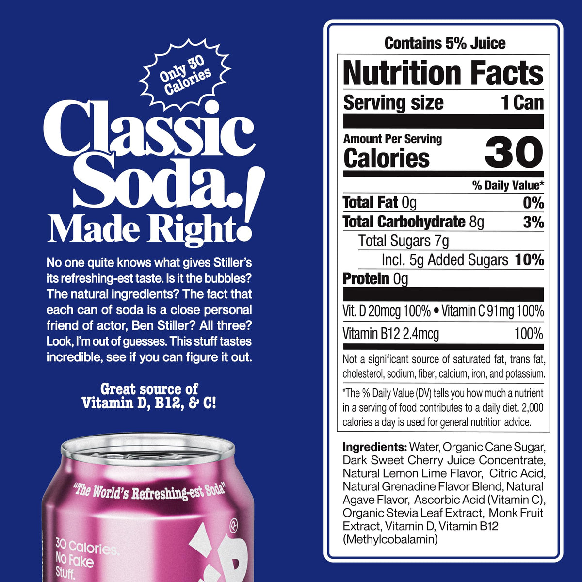 STILLER'S soda can back-label close-up highlights low sugar and caffeine-free profile.